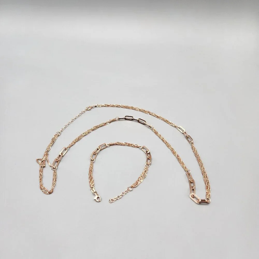 925 Rose Gold Plated Multi Strand Necklace Bracelet Set ITALY